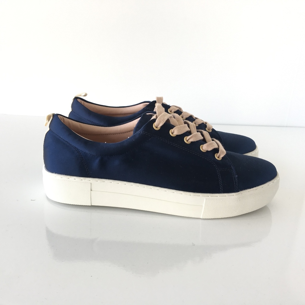J/Slides Navy Blue Satin Platform Lace Up Sneakers